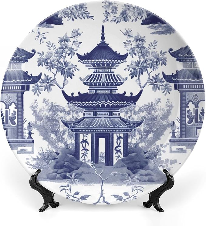 Chinoiserie Blue Asian Pagoda Plates Ceramic, Personalized Wall Decorative Plate for Wedding Wall Club Decor, Including Bracket And Special Hook Art Decorations for Art Decoration Table