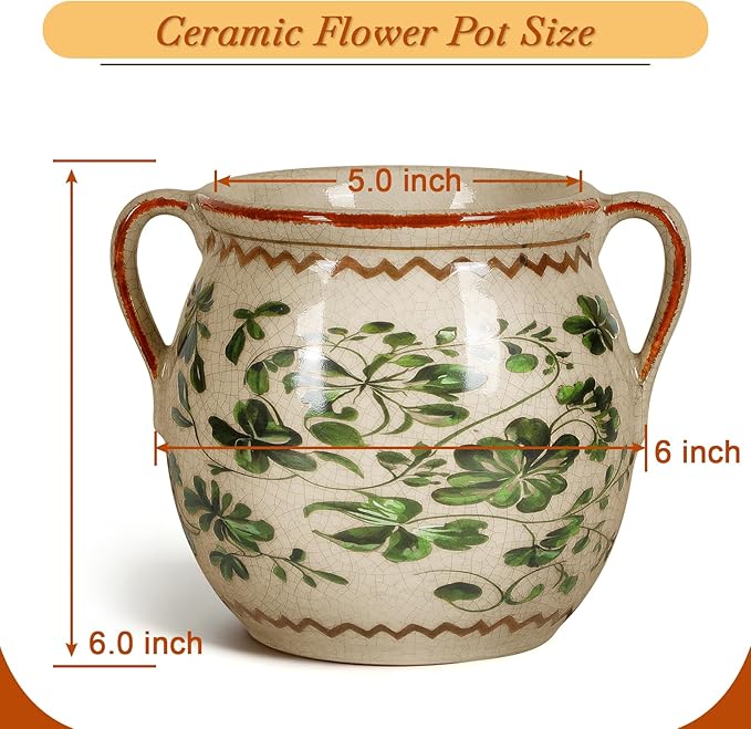 BUYMAX Ceramic Plant Pots for Indoor Plants with Drainage Hole, Vintage Crackle Glaze Hand-Painted Green Flower Planter with Handles, Rustic Decorative Hanging Planter