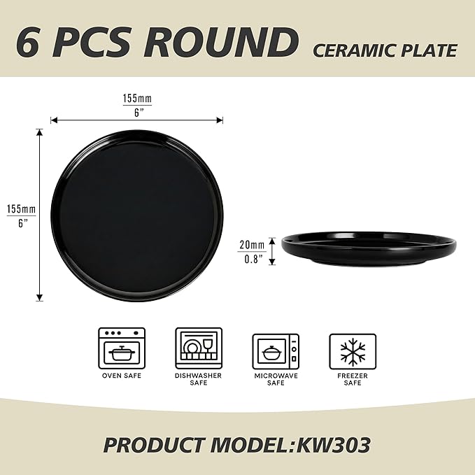 Ceramic Appetizer Plates Set of 6,Small Mini Dessert Plates 6 Inch,Black Round Salad Plate,Porcelain Cake Plates for Waffle,Pie,Saucers,Snack,Cat Dishes,Microwave & Dishwasher Safe
