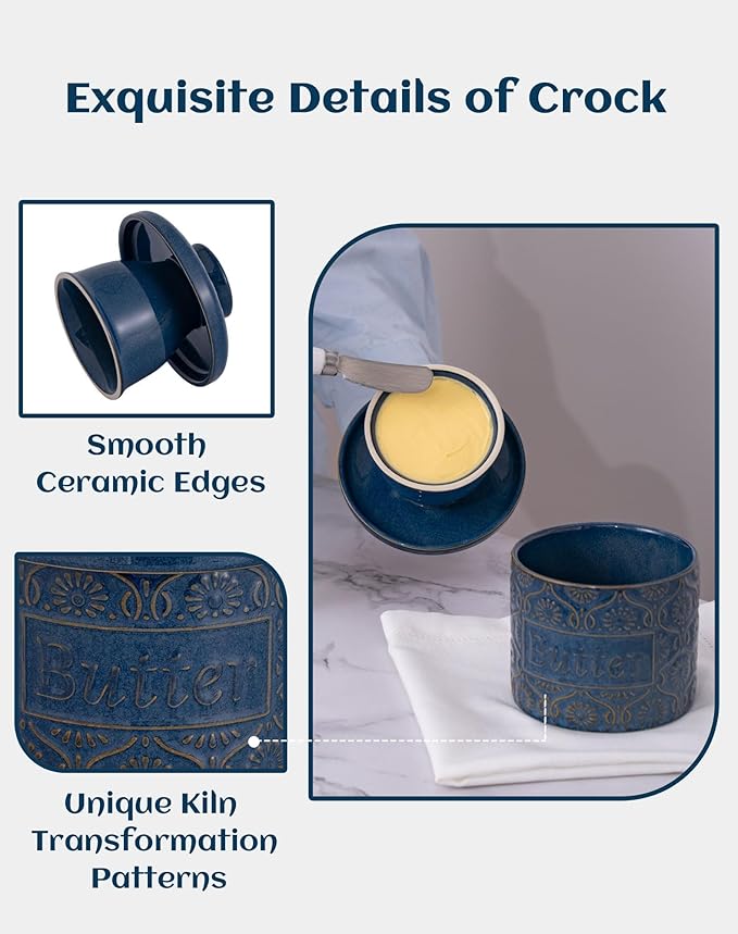 TEATALK Ceramic French Butter Crock - Vintage Relief Pattern Butter Keeper with Water Seal, 6.7oz Midnight Blue Butter Dish for Fresh Spreadable Butter, Farmhouse Kitchen Decor & Gift
