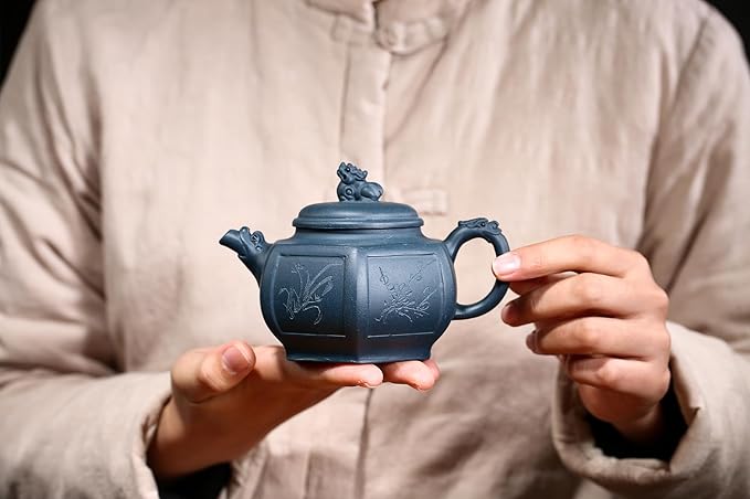 Yixing Clay Teapot 10oz Zisha Tea Pot Hexagonal Handmade Dragon and Lion Chinese Kungfu Tea Set (Tianqing clay)