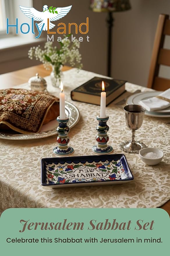 Holy Land Market Shabbat Candlesticks Set - Colorful Ceramic Shabbat Candle Holders Set with Matching Plate for Holidays, Colorful