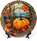Decorative Plates, Fall Pumpkin Watercolour Stained Glass Design Ceramic Dinner Plate Home Wobble-Plate with Display Stand, Wall Hanging Decor for Kitchen Household 8 Inch, Gifts for Thanksgiving