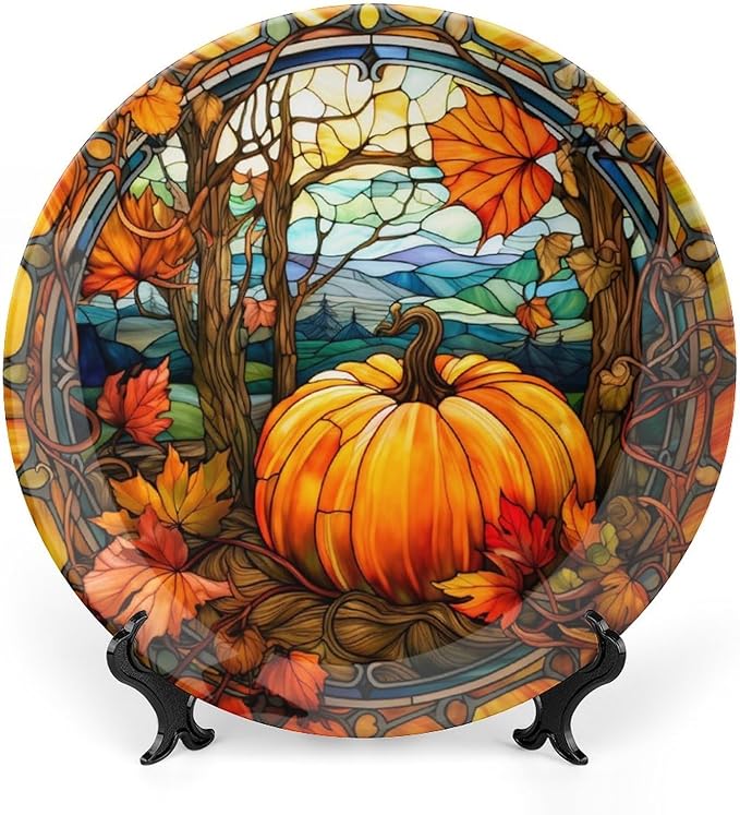 Decorative Plates, Fall Pumpkin Watercolour Stained Glass Design Ceramic Dinner Plate Home Wobble-Plate with Display Stand, Wall Hanging Decor for Kitchen Household 8 Inch, Gifts for Thanksgiving