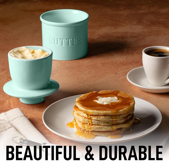 Zulay Kitchen Bell Shaped Butter Crock with Lid for Countertop with Water Line & Spreader Knife, Ceramic French Butter Dish Keeper For Fresh, Soft & Spreadable Butter - Mint