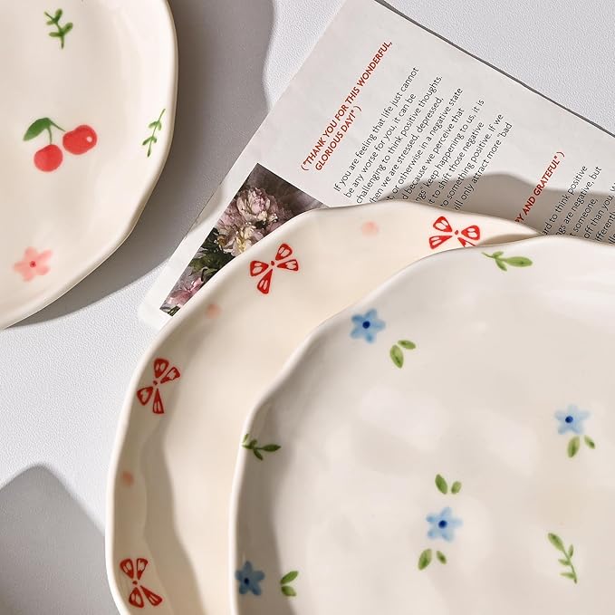 Koythin Ceramic Dessert Plates, Cute Fruits Dinner Plate, Creative Plates Design, Printed Flowers Dinnerware for Office and Home, Kitchen Plates for Desserts (Rose Blue Flower)