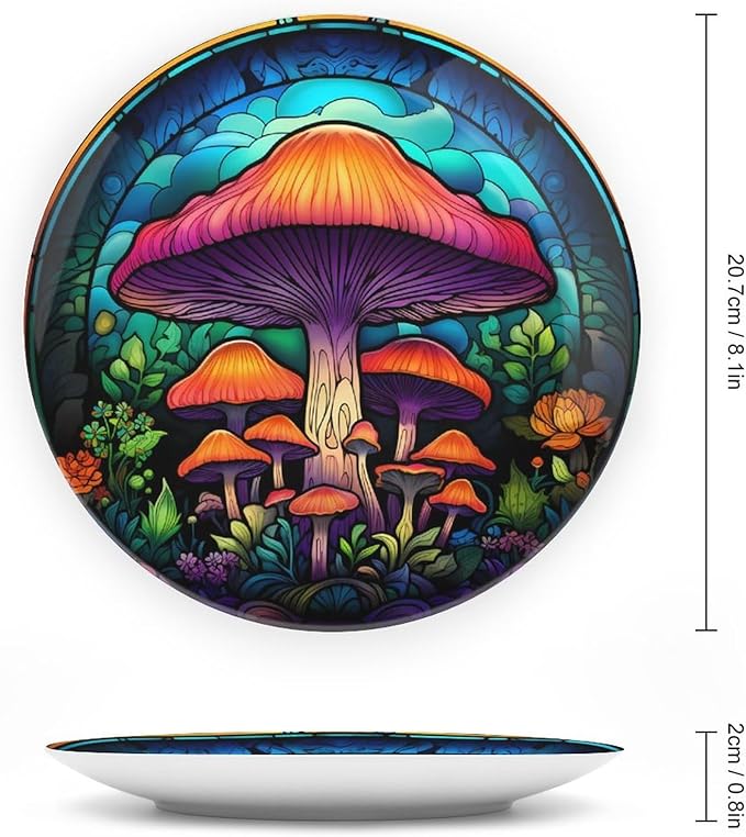 Decorative Plates, Forest Mushroom Stained Glass Painting Ceramic Dinner Plate Home Wobble-Plate with Display Stand, Wall Hanging Decor for Kitchen Household 8 Inch, Gifts for Mushroom Lovers