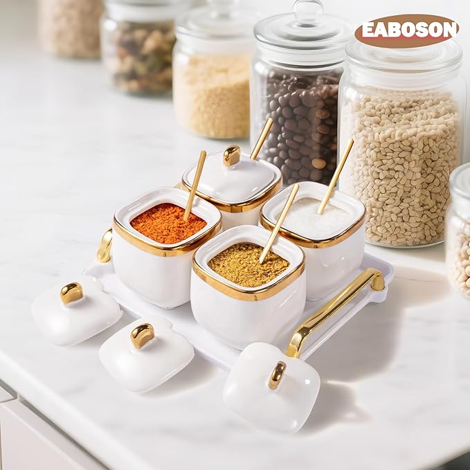4 Pack Gold Condiment Spice Jars with Lids, Spoons, Tray - Ceramic Seasoning Box Set for Salt, Pepper, Sugar - Kitchen Storage