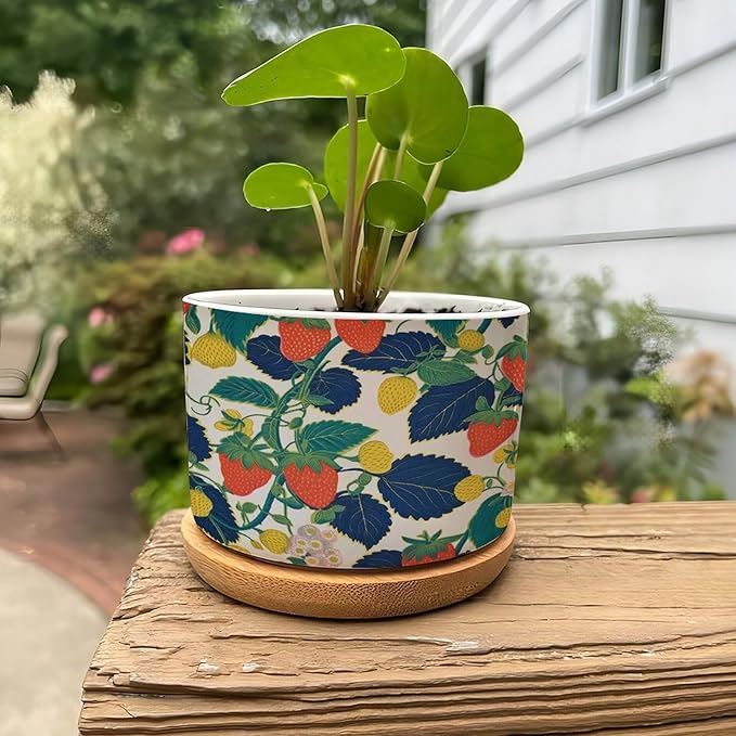 Summer Cherry Lemon Citrus Garden Ceramic Planters Strawberry Fruit Season Planters for Indoor Plants with Drainage Holes and Saucers Pot for Home Desktop Office Windowsill