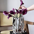 Ceramic Flower Vase, Crinkle Paper Bag Shape, Silver Metal, Modern Home Decor (X-Large)