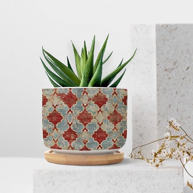 DreamAutumn Geometric Kilim Moroccan Ikat Ceramic Pots with Drainage Holes - Round Flowerpots with Bamboo Tray for Succulents and Snake Plants