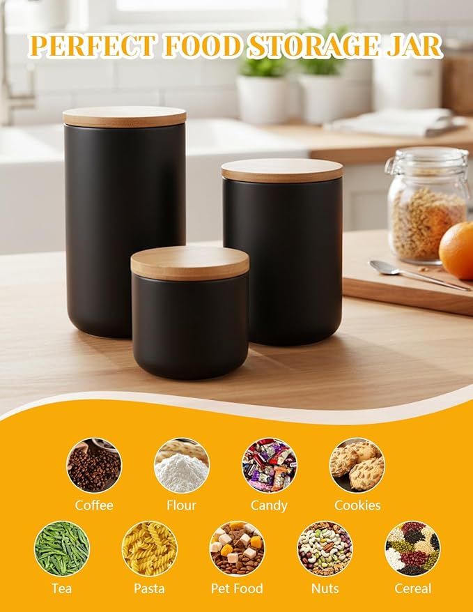 YYW Ceramic Food Storage Containers with Lids, Kitchen Canisters for Countertop, Black Food Containers Jar for Flour, Coffee Bean, Sugar, Tea, Spices and More, Home Decor (1000ml/33.81oz)