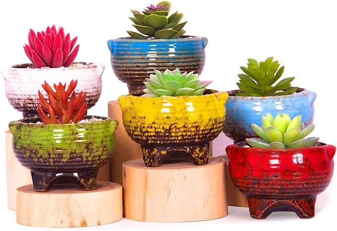 ARTKETTY Succulent Pots - 4 Inch Small Succulent Plant Pots with Drainage Tray Set of 6, Ceramic Pots for Indoor Plants Colorful Cactus Flower Pot for Garden Home Decor