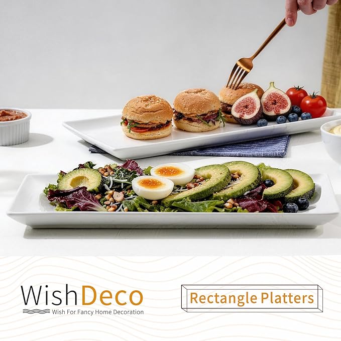 Large Serving Platter Set of 2, Long Ceramic Serving Tray 16 inch, Rectangular Serving Dishes, White Plates for Entertaining, Fruit, Appetizer, Charcuterie, Oven & Dishwasher Safe