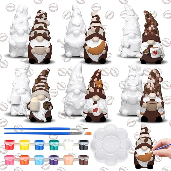 Eersida 6 Sets Gnome Ceramics to Paint Pumpkin Ready to Paint Your Own Ceramic Gnome Statues DIY Unpainted Ceramics Paintable Figurines Kit Crafts with Brush Palette(Coffee)