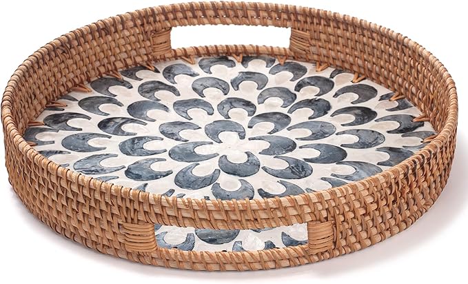 YANGQIHOME Round Serving Tray with Handle, Rattan Tray with Decorative Mother of Pearl Inlay, Round Wicker Trays for Home Decor, Coffee Table, Gifts, Dining,13.8 inch