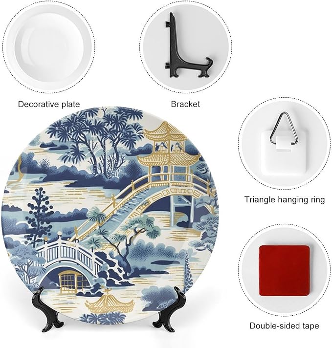 Vintage Plates Blue And White Chinoiserie Pagoda Ming Toile Asian Custom Decor for Display Farmhouse Home Art Decoration Ceramic Salad Plates Including Bracket And Special Hook, Gifts for Men Women