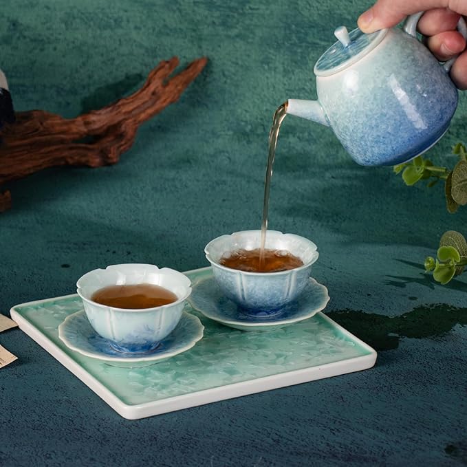 Tea Set for Adults Porcelain Tea Pot and Tea Cups Set, Blue and Cyan Gradient Japanese Ceramic Tea Cups and Saucers Set, Chinese Gong Fu Tea Set (2 Saucer+ 2 Floral Cups +1 Tea Pot + 1 Square Plate)