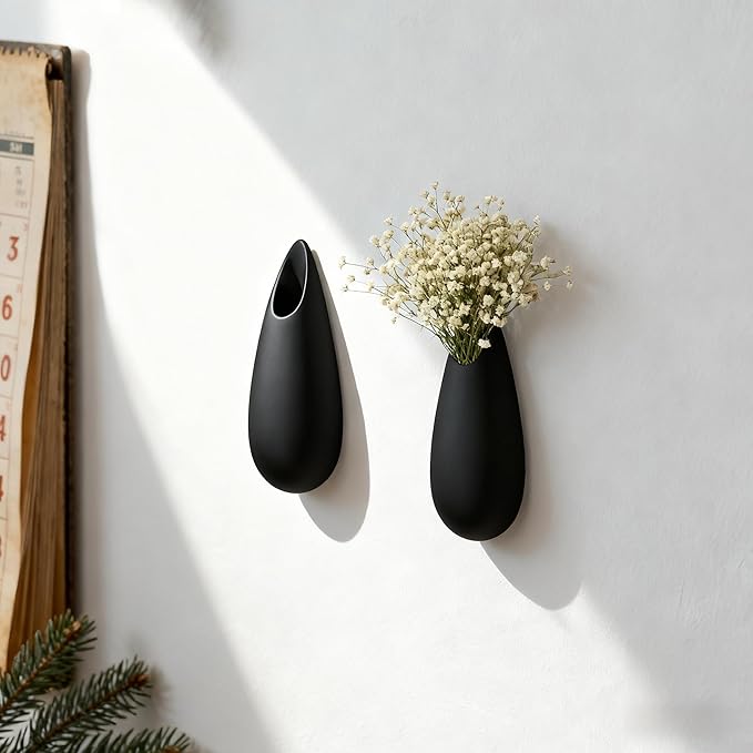 Sculptural Wall Ceramic Vase — 2 Pack Black Hanging Sconce Vase | Turn Flowers into Art — Decorative Ceramic Wall Sconce for Single Stem Displays