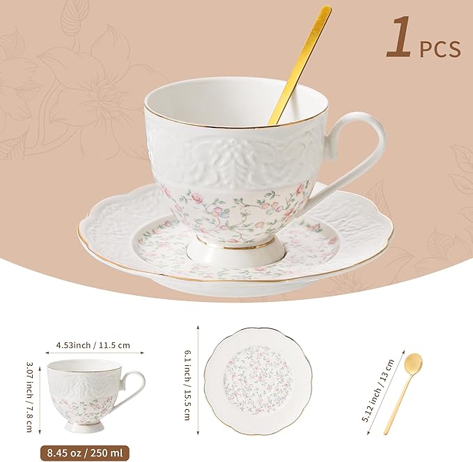 TATSUMI Interglio Embossed Bone China Tea Cup and Saucer Set, 3 Pieces Vintage Style Coffee Cup & Saucer Set For Women Wedding Gift (Starlight Pink, 1 set)