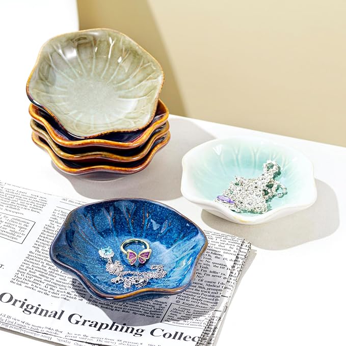 Vintage-Inspired Ceramic Jewelry Dish – Handcrafted Floral Trinket Trays in Luxe Glazed Porcelain | Antique-Style Ring Holders for Vanity & Dresser Décor (1, Kiln transformed lotus khaki color)