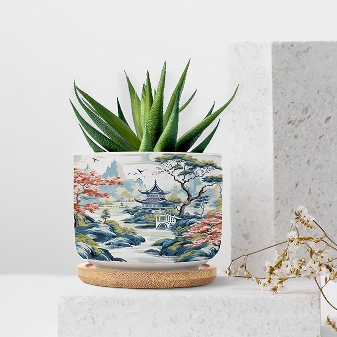 DreamAutumn Chinoiserie White Blue Asian Ceramic Pots for Plants with Drainage Holes Round Flower Pot Bamboo Tray Orchid Pot Succulents Pots for Outdoor Indoor Plants,Housewarming Gifts