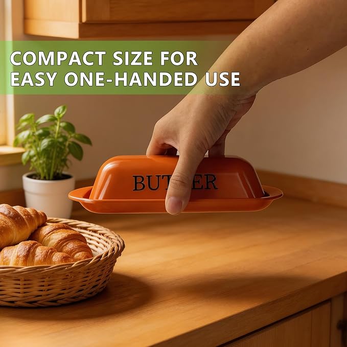 BPA-Free Melamine Butter Dish with Lid & Stainless Steel Knife - Farmhouse Butter Keeper for Countertop & Refrigerator, Dishwasher Safe, Holds 1 Stick with East & West Coast Butter-Orange