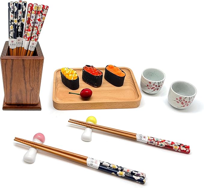 10 Pairs Reusable Bamboo Chopsticks, Spring Blooming Sakura Pattern Natural Bamboo Wood Chopsticks, 8.8Inch/22.5cm Polybag packing by LANHUTHS