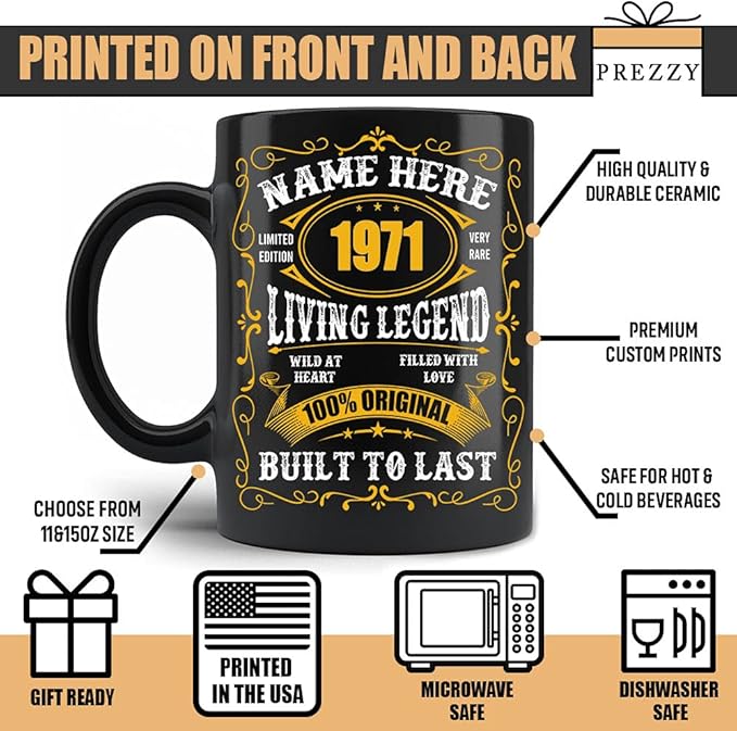 PREZZY Personalized 52nd Birthday Coffee Mug Vintage 1971 Limited Edition Mug Black 11oz 15oz