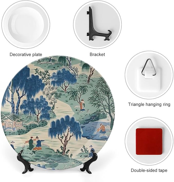 Asian Scenic Dynasty Blue And Green Plates Ceramic, Custom Porcelain Dessert Plate Set for Office Festival Farmhouse Decor, with Vertical Stand Art Decorations for Club Kitchen