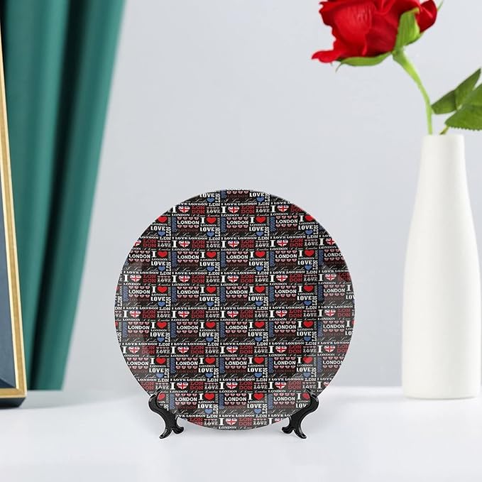 XISUNYA 10 Inch Decorative Plate, London Porcelain Plate, Cute Valentines Hearts I Love London Quote Travel Print Ceramic Wall Hanging Decor Accessory for Dining Table Tabletop Home Decor, Multicolor
