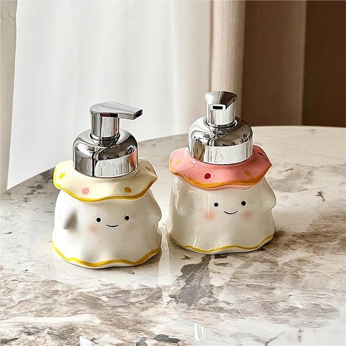 380ml Cute Ghost Ceramic Foaming Soap Dispenser - ABS Plastic Pump Container for Bathroom Vanity, Reusable Hand Soap/Bath Foam Dispenser(Pink)