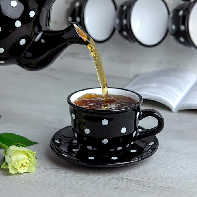 City to Cottage Handmade Black and White Polka Dot Large Ceramic 12oz/350ml Cappuccino Coffee Tea Cup and Saucer, Unique Designer Pottery for Tea Lovers