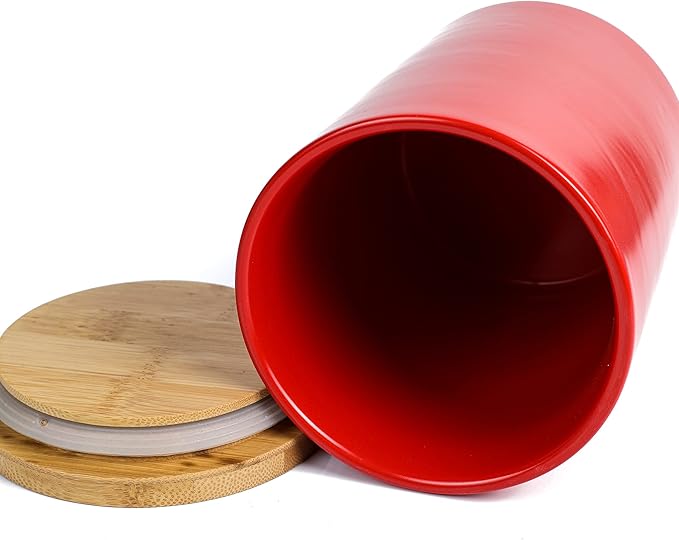 Arthausen Red Ceramic Storage Jar Canister for Flour Sugar - Airtight Bamboo Lid w/Silicone Seal, Spoon - Modern Abstract Art Design for Kitchen Counter Bathroom - 4 cup / 1080mL