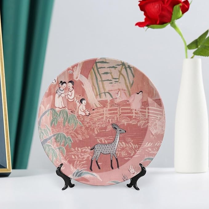 Fishing Village Orange Ceramic Decorative Plate for Display Chinoiserie Pagoda Coral Pink Asian Farmhouse Wedding Supplies Table Holiday Party Decorations Personalized Gifts Anniversary