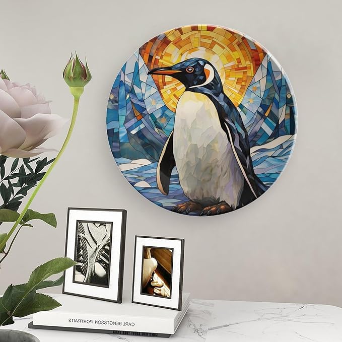 Decorative Plates for Wall Hanging, Lovely Penguin Watercolor Stained Glass Painting Ceramic Plate w/Display Stand, Home Decor for Kitchen Cabinets, Round Tray 8 Inch, Gift for Penguin Lovers