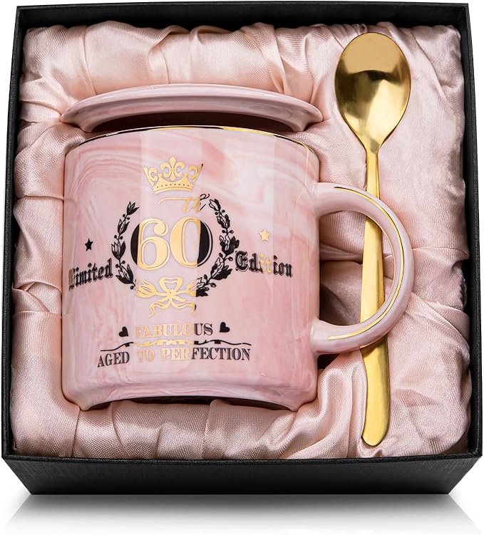 60th Birthday Gifts for Women - Fabulous 1966 Aged to Perfection Happy Birthday Mug - Limited Edition 60th Pink Coffee Mug Printed with Gold, Gift Idea for Turning 60 Years Old Women, Gift Boxed