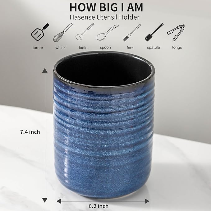 HASENSE Utensil Holder, 7.4" Large Utensil Holder for Kitchen Counter, Ceramic Utensil Organizer for Utensil Set, Modern Kitchen Utensil Crock for Countertop Decor, Blue