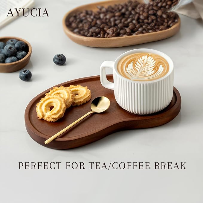 Tea Cup and Saucer Set, 8OZ Cappuccino Cup with Acacia Serving Saucer and Spoon, White Cream Ceramic Coffee Mug with 9.4inch Wooden Plate for Latte Dessert Breakfast