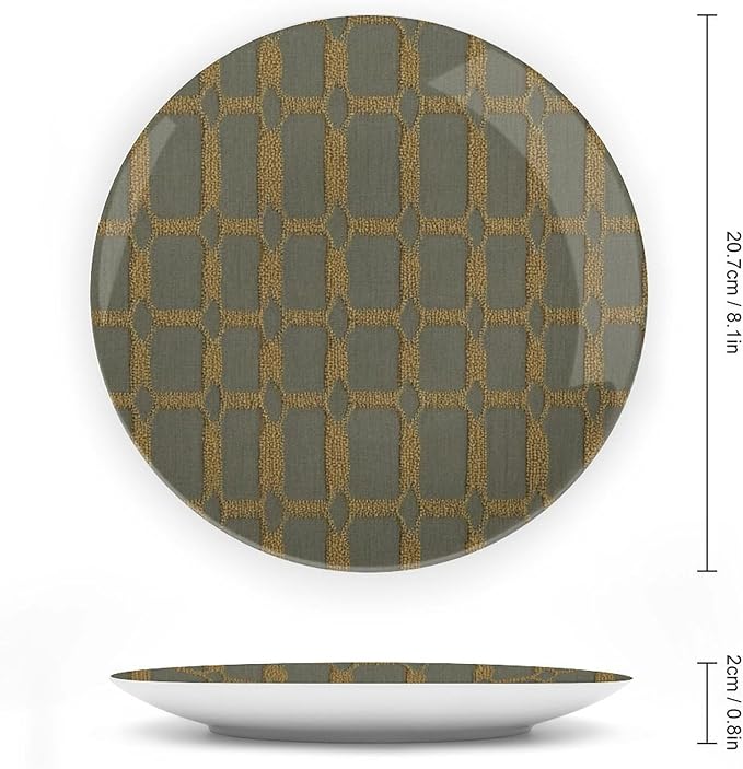 Geometric Ikat Check in Golden Decorative Plate of 6", 7", 8", 10", Custom Christmas Design Ceramic Hanging Decorative Plate Gifts Club Kitchen Decorations Display, Including Bracket And Special Hook
