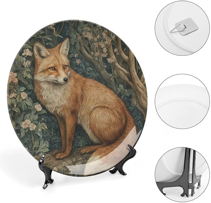 Ceramic Decorative Plate Fox in A William Morris Forest Custom Decor for Art Decoration Festival Display Club Ceramic Hanging Decorative Plate Including Bracket And Special Hook, Gifts for Men Women