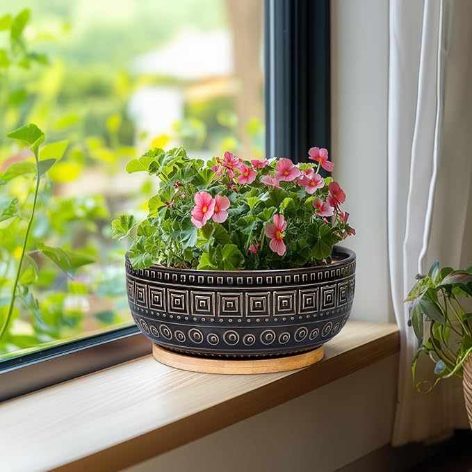 G EPGardening Bonsai Planter - 8 Inch Ceramic Succulent Pots with Drainage and Plant Saucer, Round Shallow Planter Bowl for Indoor Plants Flower, Boho Garden House Decor, Plant Lovers Gifts, Black