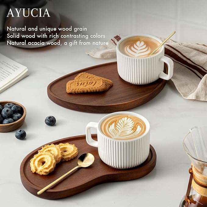 Tea Cup and Saucer Set, 8OZ Cappuccino Cup with Acacia Serving Saucer and Spoon, White Cream Ceramic Coffee Mug with 9.4inch Wooden Plate for Latte Dessert Breakfast