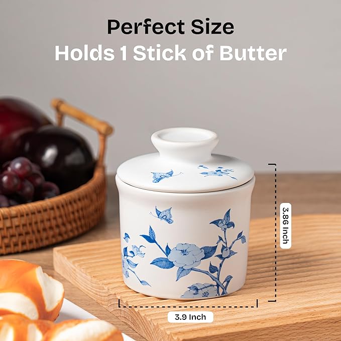 Stoneware Butter Crock with Lid, Ceramic Butter Dish with Water Line, Countertop Butter Keeper, Butter Holder for Countertop, Flower