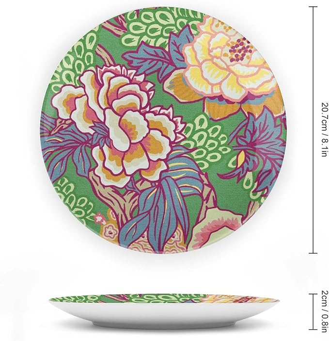 Green And Yellow Chinoiserie Peony Floral Vintage Plates, Asian Colorful Peony Customize Ceramic Salad Plates for Kitchen Wall Decor, with Vertical Stand Art Decorations for Home Household