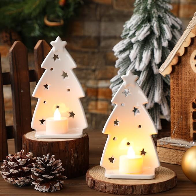 Yungyan 2 Pcs Christmas Tree Candle Holder Ceramics Christmas Tealight Holders Votive Candlestick White Xmas Tree Silhouette for Tea Light Taper Candles Table Centerpiece Home Mantel Fireplace Decor