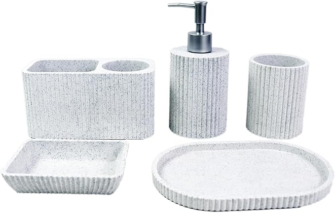 Hymmah Marble Pattern Bathroom Accessories Set, Toothbrush Holdr Set, 5 Pieces Resin Bathroom Set with Toothbrush Holder, Soap Dispenser, Soap Dish,Tumbler (Gray Granite)