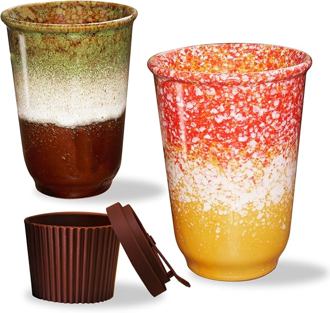 13oz Ceramic Travel Coffee Mug with Lid 2pcs, Modern Ceramic Coffee Cup Fit Car Holder, Portable Coffee Mug w/Sleeve Heat-Resistent for Hot Cold Drinks, Easter Wedding gift &Mother’s Day