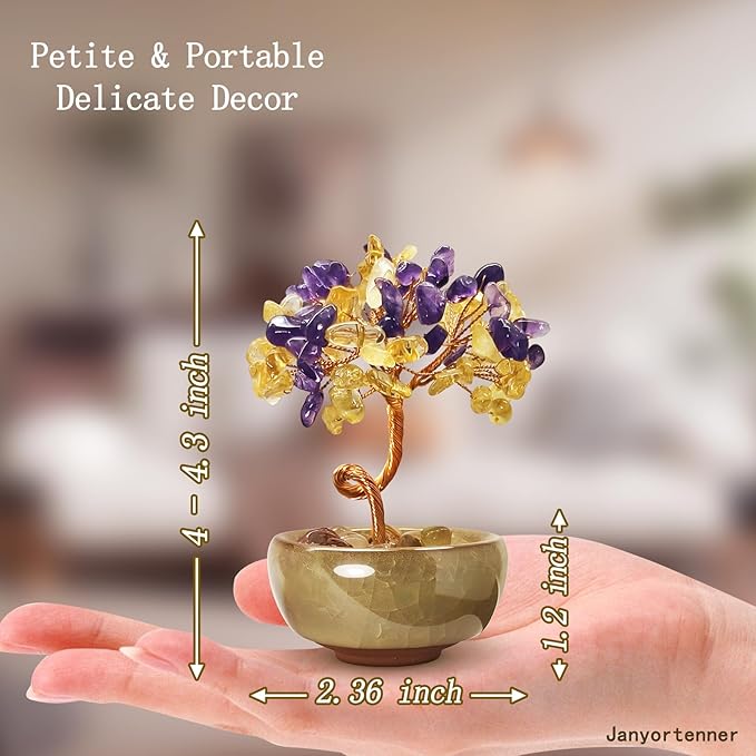 Amethyst Citrine Crystal Tree,Dual Color Art Decor with Copper Wire Sculpture in Crackle Base,Imagination Gift