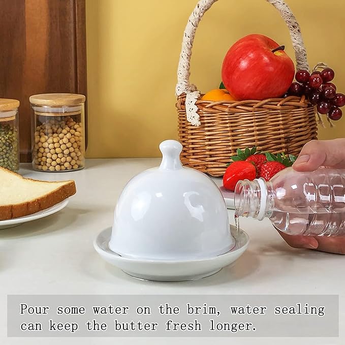 Ceramic Small Butter Dish with Lid, 17 OZ Mini Butter Container, 2-Way Freshness, Pure White